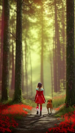 bright colorful with young girl walking in woods, lots of red flowers, with a yellow dog