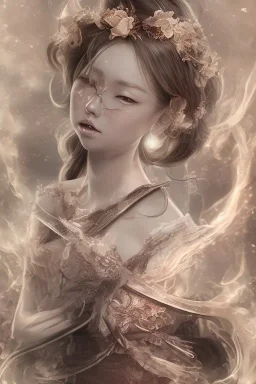 Perfect hitomi tanaka face, geisha clothes, fullbody, intricate, highly detailed face, highly realistic, fog, fire, particles