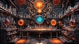 3D rendering of expressively detailed and intricate of a hyperrealistic chemistry laboratory experiment: symmetric, front view, colorful paint, tribalism, steampunk, shamanism, cosmic fractals, dystopian, octane render, volumetric lighting, 8k post-production, detailed metallic objects, dendritic, artstation: award-winning: professional portrait: atmospheric: commanding: fantastical: clarity: 16k: ultra quality: striking: brilliance: stunning colors: amazing, beautiful, stunning composition