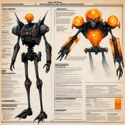 [glitched acid trip by Carlos Ezquerra AD&D class sheet] character concept sheet with AD&D statistics and characteristics, [Blade Runner (1982)] skeletal android with internal mechanisms and orange glowing eyes in blood soaked spaceship corridor