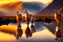 alpacas, peru, mountains, reflection, mist, sunrise