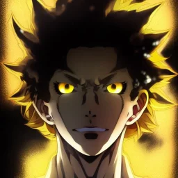 Detailed anime portrait of soulland from my hero academia, gold hair and golden eyes, black suit, intricate details, full body portrait, keep head in frame, slight smile, black Japanese motif, concept art, highly detailed, digital painting, concept art, sharp focus, illustration, art by Yoji Shinkawa, WLOP and greg rutkowski and alphonse mucha and artgerm and yanjun Chen and Junji ito and Makoto Shinkai, HDR, octane render