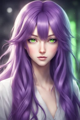 beautiful young woman with long purple hair style anime green eyes