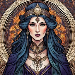 create an ethereal, darkly magical art nouveau illustration of an epic aged female Andalusian sorceress with highly detailed and deeply cut facial features, in the style of CHARLES RENNIE MACKINTOSH, combined with searing lines and forceful strokes, precisely drawn, boldly inked, and darkly colored