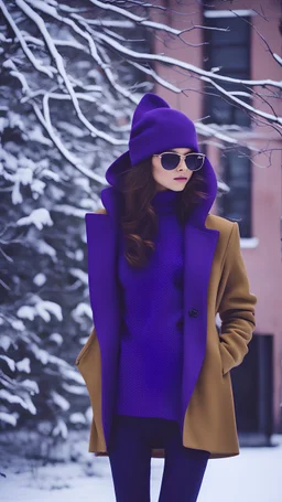 Snow Street fashion outfit in dark lilac and color palette, салатовый и фиолетовый, сиреневый, фиолетовый и голубой, фиолетовый и розовый, яркий зеленый, яркий фиолетовый shades. Winter 2024.