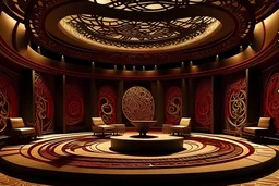 Iranian theatre interior design, stage in the center, round chairs and audiences, show include Iranian dance, parametric architecture, decoration by Reza Abedini style of graphic design, calligraphy, Persian