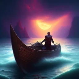 Charon in his boat on the river Styx, red black purple colours, 8k, high definition, fantasy art, winding river, sharp jagged rocks, high contrast colours, sharp colours