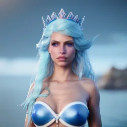 [Sea Elf] [Maormer] Queen with [white hair] and [blue skin] on a ship fantasy realism