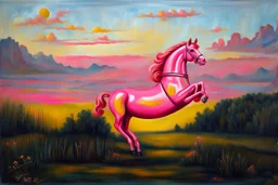 Big pink plastic toy horse.19th painting