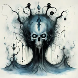 The Damnation Game, Ink illustration by Stephen Gammell, heavily inspired by the unsettling symbolism of Clive Barker, flourishes of Kay Nielsen, cyan hues, white - black color scheme, deep colors, macabre, beautiful smooth ink illustration, creepy abstract elements of Joan Miro and dave Mckean