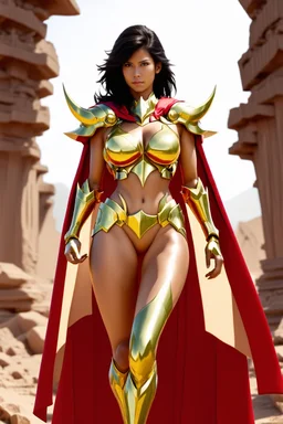 super beaty woman, good body, big bubs, nice body, model style, milf, dress a small golden armour, saint seiya influence, asiatic, cape, rude mode, stay on ansient temple ruins.