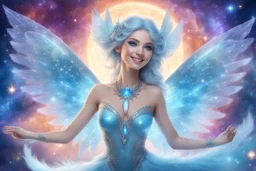 A beauty Fairy women with long lightblue hairy and Crystal wings . She has a beautiful eyes and a sweety elegant Smile. She Is a magic sacred dancer in cosmic ceremony..the background Is a magic coloured bright galaxy, with stars