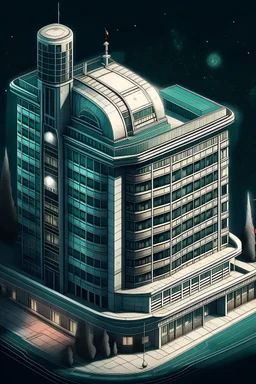 a realistic drawing of a building, a hotel, in space. This hotel does not house people but money, banknotes.