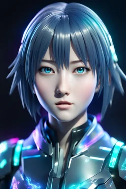 highly detailed and ultra realistic hologram of an anime character, realistic look, futuristic matric data display with colors, and striking,
