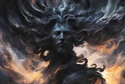 A captivating digital art piece portraying an abstract and mysterious Zeus, using dark hues and fluid shapes to convey the divine presence, (captivating digital art:1.4), (abstract and mysterious Zeus:1.5), (dark hues and fluid shapes:1.3), (expressive and divine ambiance:1.2), influenced by abstract interpretations of classical mythology and the enigmatic nature of the divine, trending on CGSociety, Intricate, Sharp focus, atmospheric lighting, (captivating:1.4), (godly ambiance:1.5)