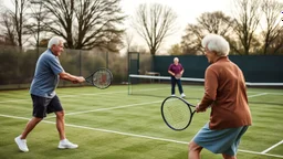 Elderly pensioners playing tennis doubles on a grass court. Everyone is happy. Photographic quality and detail, award-winning image, beautiful composition.