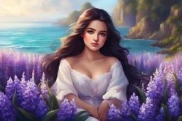 A beautiful girl is sitting surrounded by hyacinth flowers, long dark hair, ocean eyes, adorable digital painting, high quality, 4k