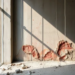 Photograph, fili, alluminio, rami, brutalist, rags, daylight, parete rocciosa appoggiata a muro di cemento blu, brutalist, red spots, liquid, open air museum style, corde, apparecchi elettronici, powder, punto bianco, minimalist, details of the dust very accentuated, deep 3d field