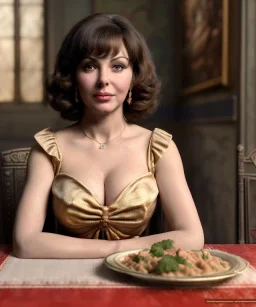 Ultra realistic photographic portrait, Gina Lollobrigida woman sitting with arms resting on Italian kitchen table, ravioli dish, renaissance style decoration, soft color, highly detailed, unreal engine 5, ray tracing, RTX, lumen lighting, ultra detail, volumetric lighting, high definition.