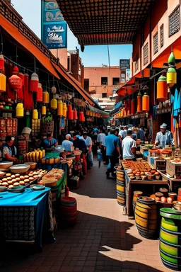 A vibrant, bustling tea market in Morocco, with colorful stalls selling a variety of teas, spices, and traditional teapots, all surrounded by the bustling sounds and smells of the market.