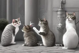 Group of three mature cats musicians, one cat playing guitar, one cat playing drums, one cat holding microphone and singing, street, Vienna, smiling, sunny day, model style, hyper realistic, extremely accurate, delicate, extremely detailed, Graphic novel style, wide-angle, open aperture, superfine pencil