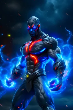 fire, lightning, wind, rain, volcanic lava, fireworks, explosions, multicolored neon lights, outer space background -- an extremely muscular man wearing a black, bandit eye mask, a light blue, skintight, formfitting cowl, a light blue, skintight, formfitting kevlar bodysuit, black gloves, silver wrist gauntlets, silver belt, silver knee-high boots, silver lightning emblem on the chest, with cobalt blue eyes, a mustache and goatee,