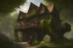 large medieval gothic, treehouse inn, with a balcony, next to a sloping, cobbled road, in a wood, dense foliage, photo-realistic