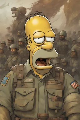 Homer Simpson, Wearing An Army Shirt, , Creepy Smile, Expressive, 1980s, Detailed Face, , Heavy Strokes, By Jean Baptiste Monge, By Karol Bak, By Carne Griffiths, Masterpiece, Unreal Engine 3D; Symbolism, Colourful, Polished, Complex; UHD; D3D; 16K", Full Color Painting, Low Contrast, Soft Cinematic Light, Exposure Blend, Hdr, Front, 8k