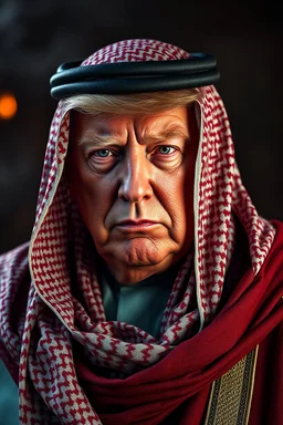 President Trump wearing Arabic head scarf covering his hair and Arabic cloths , red skin, scales, unreal engine 6, high detail, intricate, cinematic. photoshoot style, intricate, studio lighting, masterpiece , highly detailed, 8k, best quality, fire, smoke, dramatic,d,<lora:mshn:0.7>,<lyco:Warrior_Couture:0.5>,