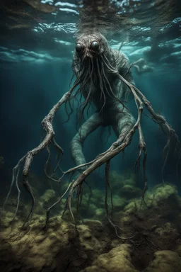 Underwater, legged slimy creature with creepy eyes, fullbody, his skin turned translucent revealing a network of black veins that extended like roots, ragged clothes, , 8k, macro photography,