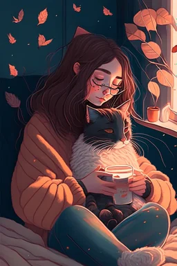 cozy vibes art girl with cat