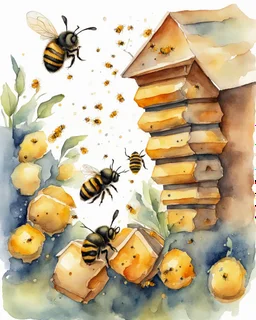 bees flutter over the hive watercolor drawing