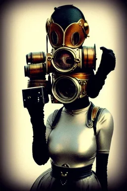 Steam-punk style random-mask. Large fencing mask covers cheeks. Trim girls. Reflective white plastic skin. Camera lenses as eyes. Head full of integrated old-fashioned cameras. Golden to cyan surfaces body, latex. Perfect body, thick thighs and calves. Asa Akira. SElfie with old-fashioned cameras in both hands. Wide hip, skirt bleats nicely. Camera at mons veneris. Partly symmetrical. Cameras hanging on wide plastic belt. Euclidean 3D-tiling walls. minimalism. surveillance walls