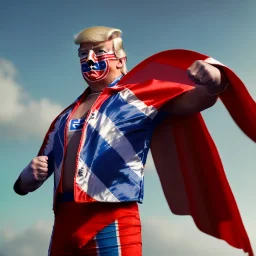 realistic image of donald trump as a mexican wrestling fighter posing outdoors, Mexican eyes wrestling mask, red and blue breeches, confederate flag cape, retro style, 80s, vibrant color, highly detailed, sky background, concept art, unreal engine 5, god rays, ray tracing, RTX, lumen lighting, ultra detail, volumetric lighting, 3d, finely drawn, high definition, high resolution.