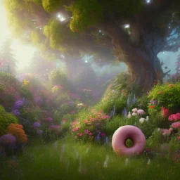 pixar style, volumetric summer garden environment and background, realistic painting of donuts, looking excited, volumetric lighting, dramatic lighting, detailed digital painting, extreme dense and fine fur, anime, ornate, colour-washed colors, elegant, small minutiae, tiny features, particulars, centered, smooth, sharp focus, renderman gofur render, 8k, uhd, detailed eyes, realistic shaded volumetric lighting, sunlight caustics, backlight, centered camera view