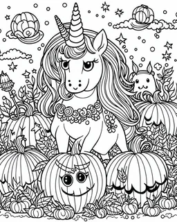 A unicorn with pumpkins and ghosts, kawaii style, fine lines, black and white, coloring page for adults