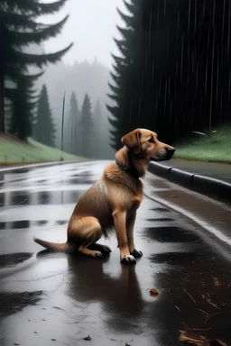 Perro solitario en un día lluvioso