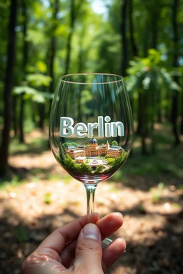 Create hyper-realistic photo of a wine glass in a wild forest. Inside, a miniature [Berlin] with landmarks. A trasparrent 3D text of [Berlin] blends naturally into the landscape . Soft bright daylight, reflections, and subtle imperfections like fingerprints. DSLR quality, sharp focus.
