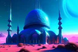 Generate an otherworldly scene of a mosque on an alien planet, with vibrant, luminescent structures and a surreal, extraterrestrial landscape in the background.