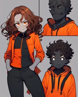 Anime manga style, Black skin boy, with dark brown curly hair, wearing red and orange clothes and black jeans, always with one hand in his pocket, looking a little irritated