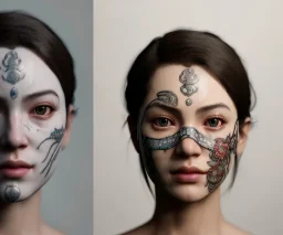 Simetric Realistic image portrait. Sweet face traditional japanese porcelain mask. 4k resolution, intricate details, ornate details, soft lighting, unreal engine 5.