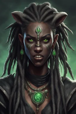 generate a dungeons and dragons character portrait of a female beast-human with black skin, dreadlocks, green piercing eyes, fangs and a thick nose. She is wearing black clothes and has tusks