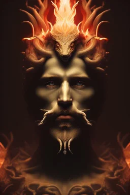 portrait photography of an ethereal beautiful animal god, Fire theme art, Dark moody night atmosphere, Portrait of a man by Michelangelo, 8K, close-up face, anatomically perfect face, oak tree roots, ignore NSFW