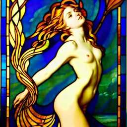 Celtic stained glass border, art by Maxfield Parrish, A naturist mermaid