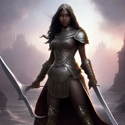 fantasy setting, insanely detailed, dark-skinned woman, indian, black wavy hair, warrior, one sword, empty right hand