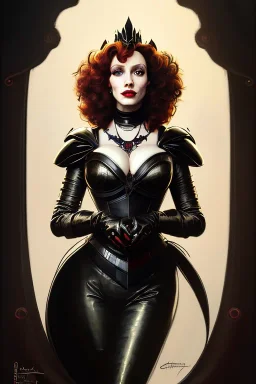 painting of christina hendricks as evil queen in black leather, feminie, angry, volouptous, busty, cleavage, emperious, mature, highly detailed, digital painting, artstation, concept art, smooth, sharp focus, illustration, art by gaston bussiere and alphonse mucha