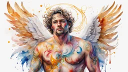 white background, watercolor, gouache, acrylic, 35-year-old man angel, fine drawing, high detail, 8K, drips, bright colors, HD photography, feathers flying, swirls, gold, tattoo, apple