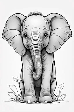 create a outlined cartoon coloring page of a baby elephant . Pay attention to the details of the faces and White background, sketch style, half of body, use outline, clean line art, no shadows, no coloring, no shading, no grey.