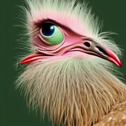 **a character Olivia the Ostrich is a hyperrealistic appearance fast-moving bird with long pink and green feathers a curious nature and a sharp focus. She see the world in a whole new way, and is always eager to learn new things. Olivia is a bit of a neat freak, and can often be found tidying up or organizing her things. Her hyperrealistic appearance is enhanced by the use of Unreal Engine technology and cinematic lighting