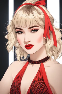 Beautiful girl dancer, blonde hair , bold lipstick, night club stage, braided bangs, braided bobcut, solo, 18yo,(on back:1.2) ,red midi dress, portrait